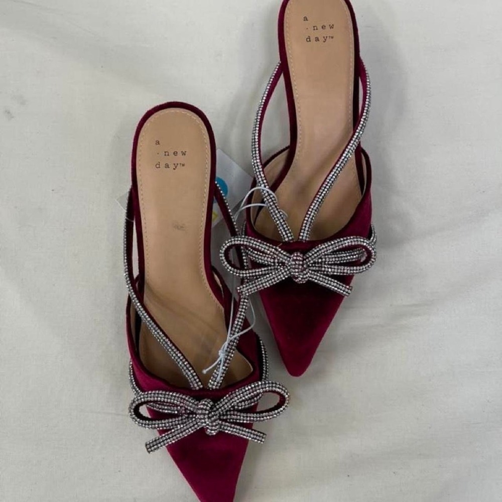 A New Day burgundy velvet kitten heels with silver rhinestone bow detail